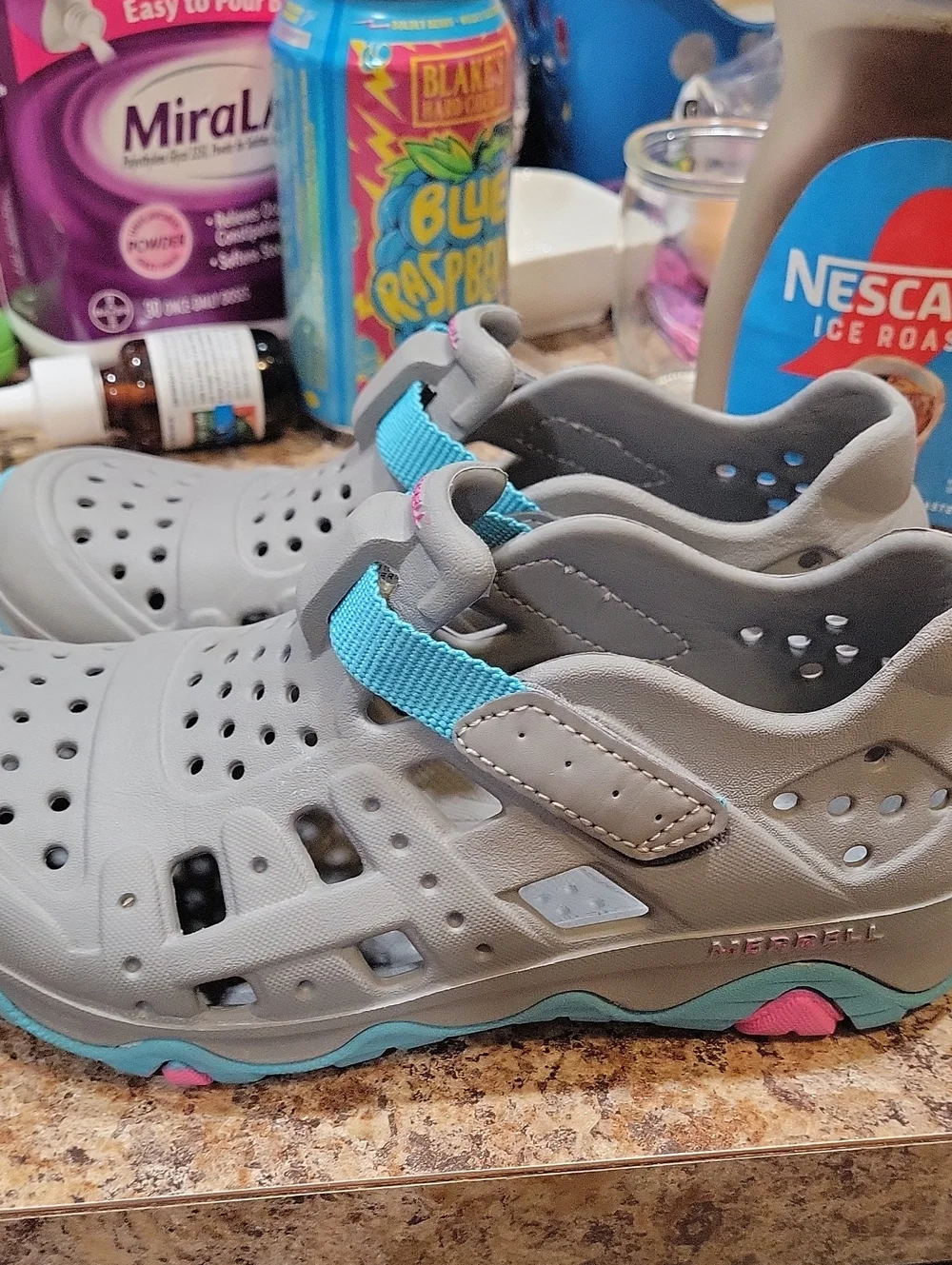 Merrell Kids Gray Water Shoes with Blue and Pink Accents